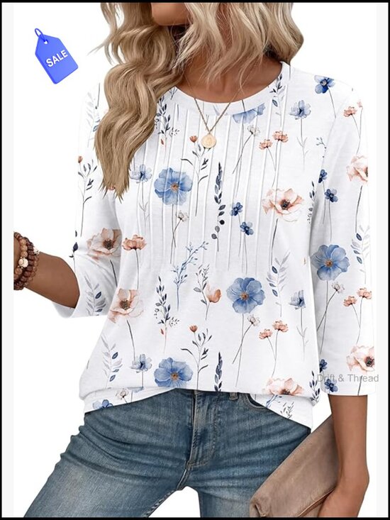 Tops - 3/4 Sleeve Crew Neck Tunic Top, Loose Fit, Pleated Front, Polyester Blend